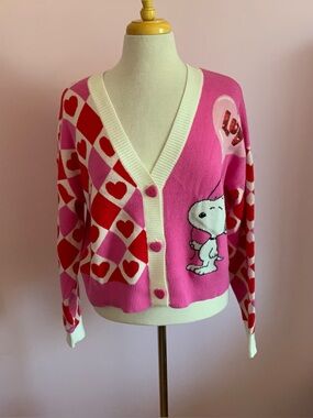 Peanuts Pink & Red Snoopy Heart-Pattern Cardigan